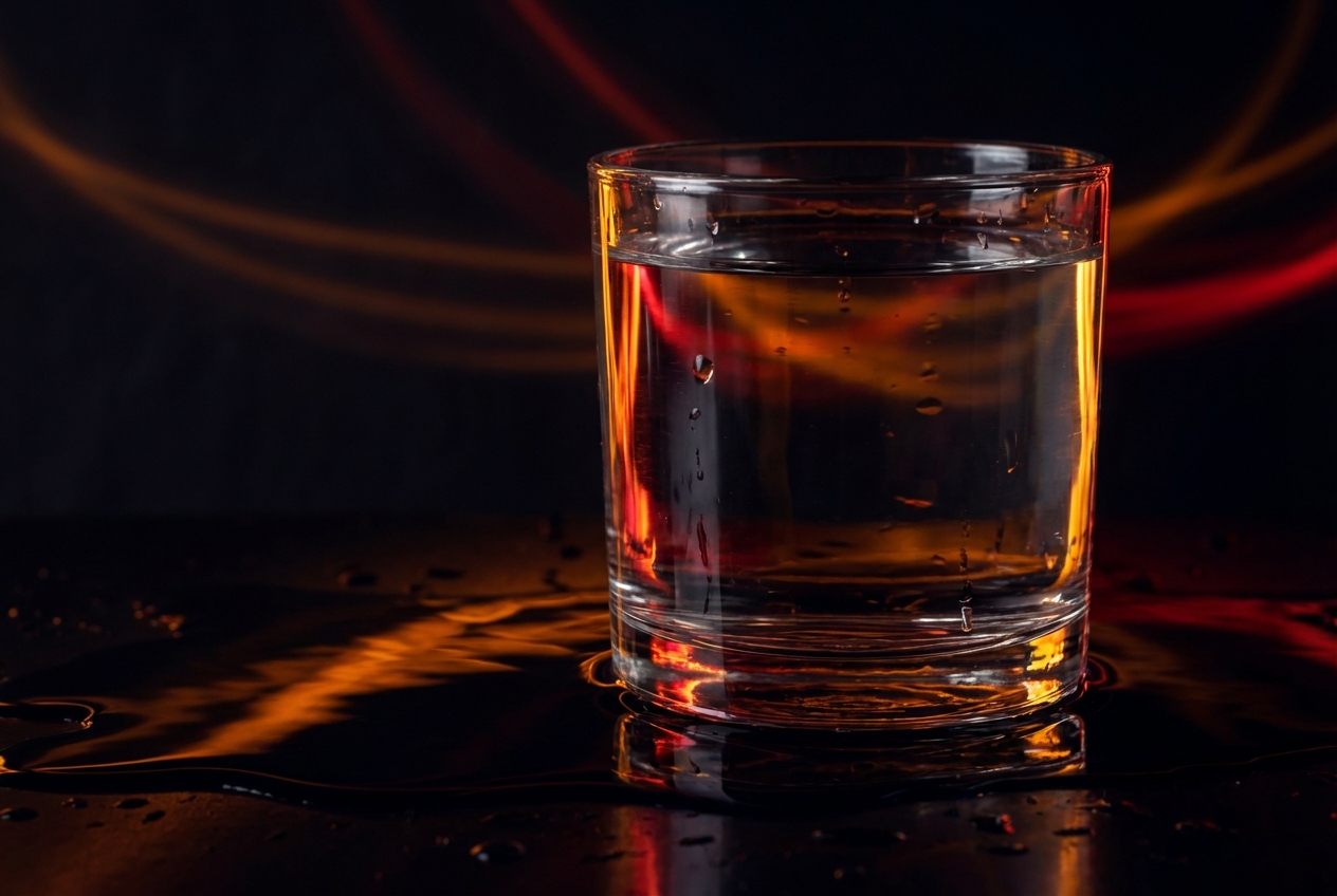 Abstract macro shot of a glass of water reflecting dark red and amber lights