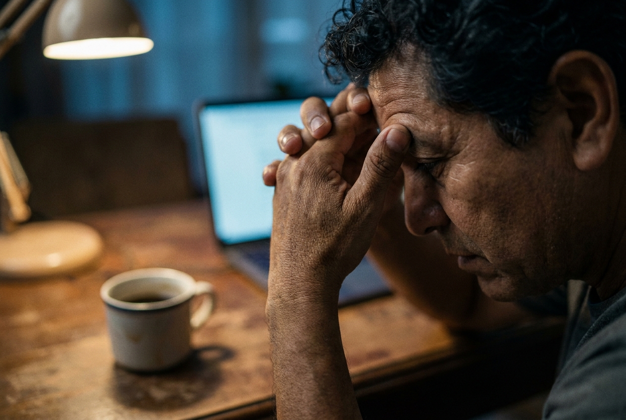 Close-up of a man resting his head heavily in his hands at a dark desk, conveying extreme tiredness.