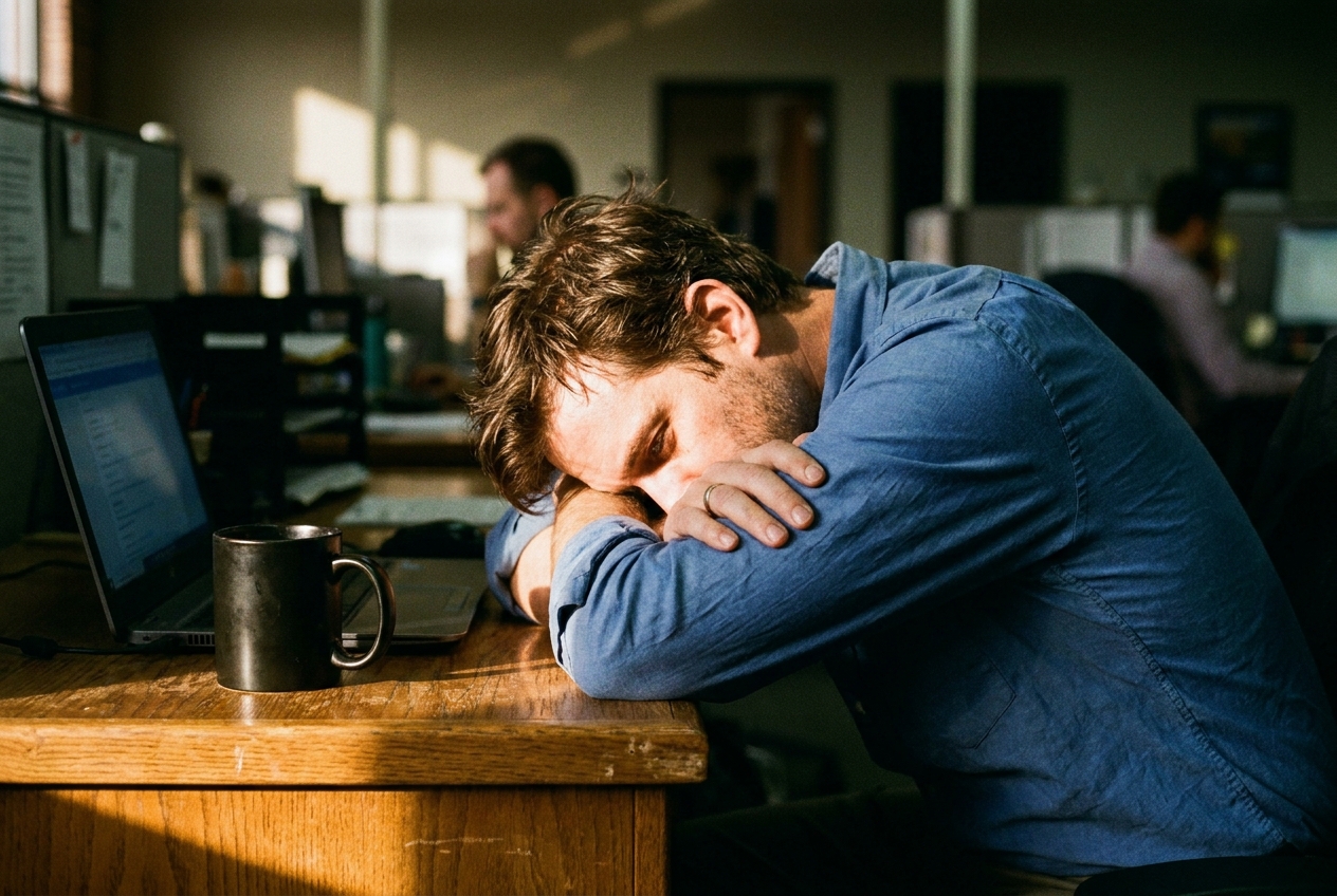 Man resting head on desk beside laptop and empty coffee mug.