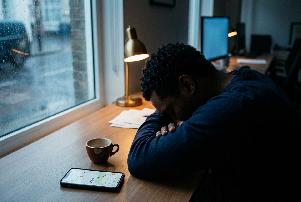 Silhouette of a man resting his head on his desk next to a phone showing a dipping glucose chart.