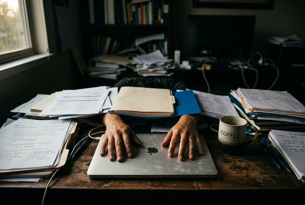 Hands resting heavily on a closed laptop keyboard next to a half-empty cup of coffee on a cluttered desk.