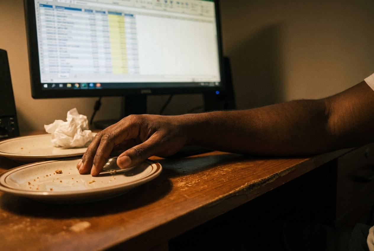 A tired hand resting next to an empty plate on an office desk.