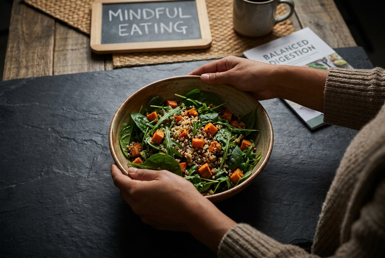 Cultivating Stable Energy: Understanding Glucose Spikes and Metabolic Health Hands of a woman tossing a salad with quinoa and sweet potatoes in a ceramic bowl.