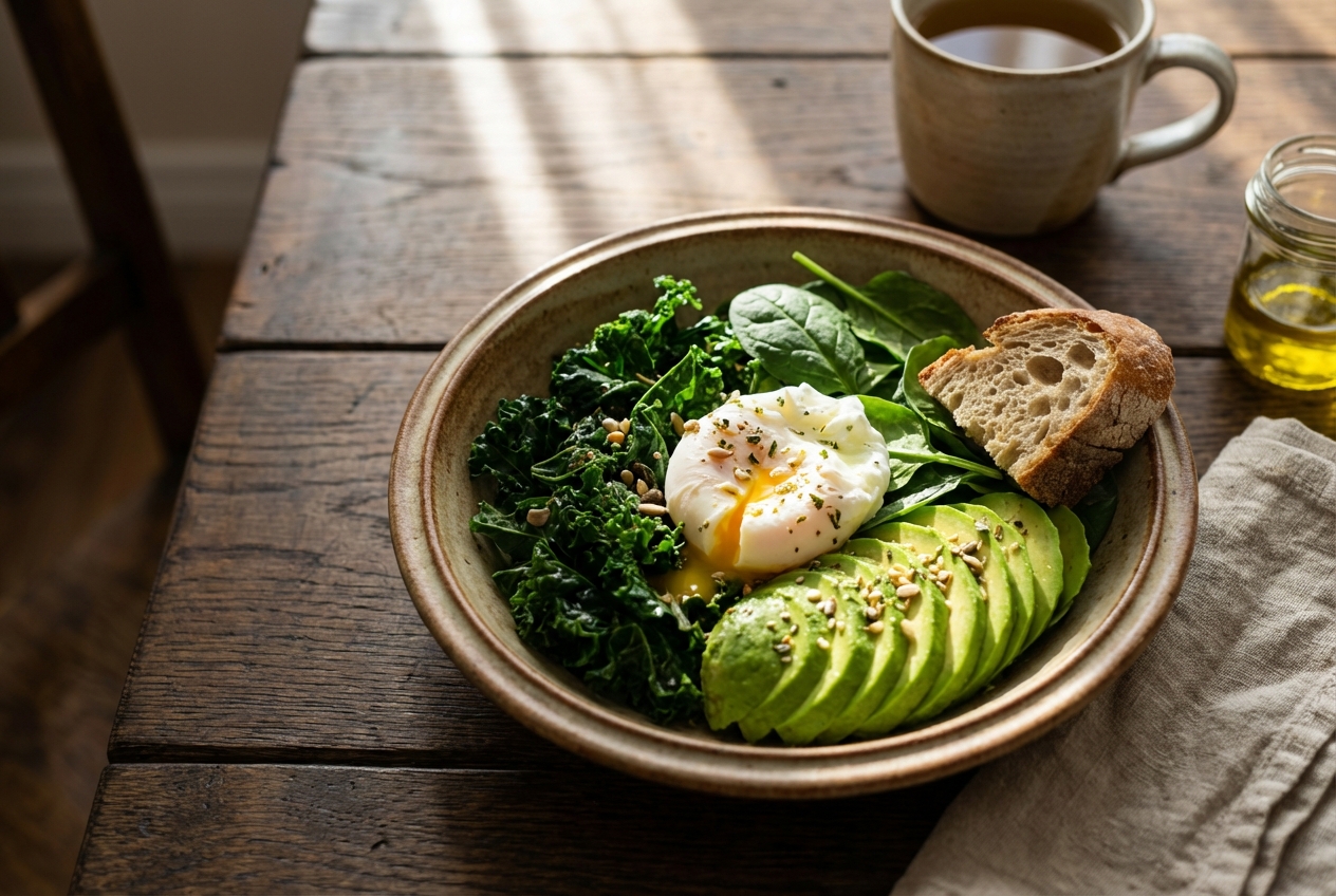 Ceramic bowl of greens, avocado, and egg next to a piece of sourdough bread
