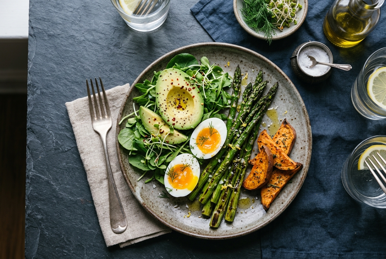 Loquat Leaf vs. Berberine and Mulberry Leaf for Blood Sugar Control: What Actually Works? A healthy meal plate with avocado, asparagus, egg, and roasted sweet potatoes.