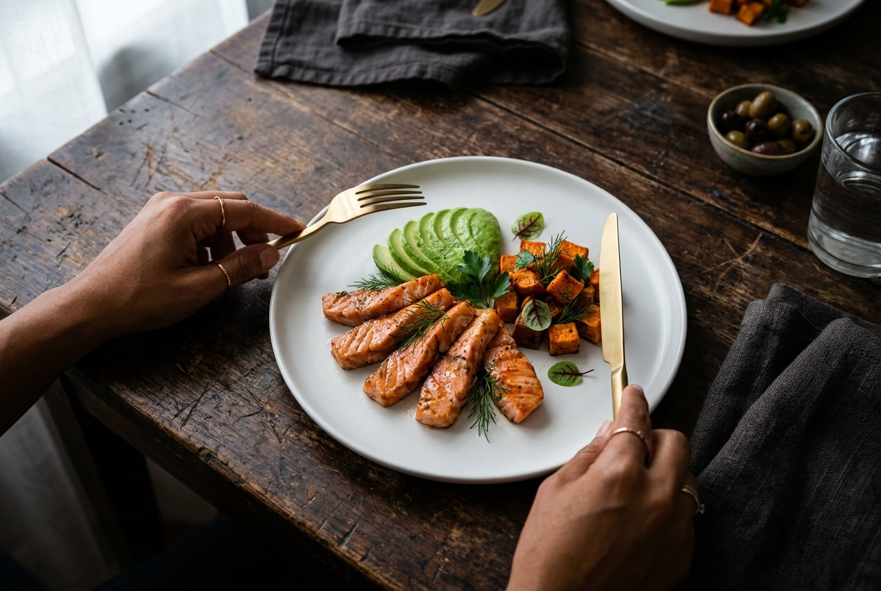 A balanced plate of salmon, avocado, and sweet potatoes resting on a rustic wooden table, with a woman's hands holding cutlery.