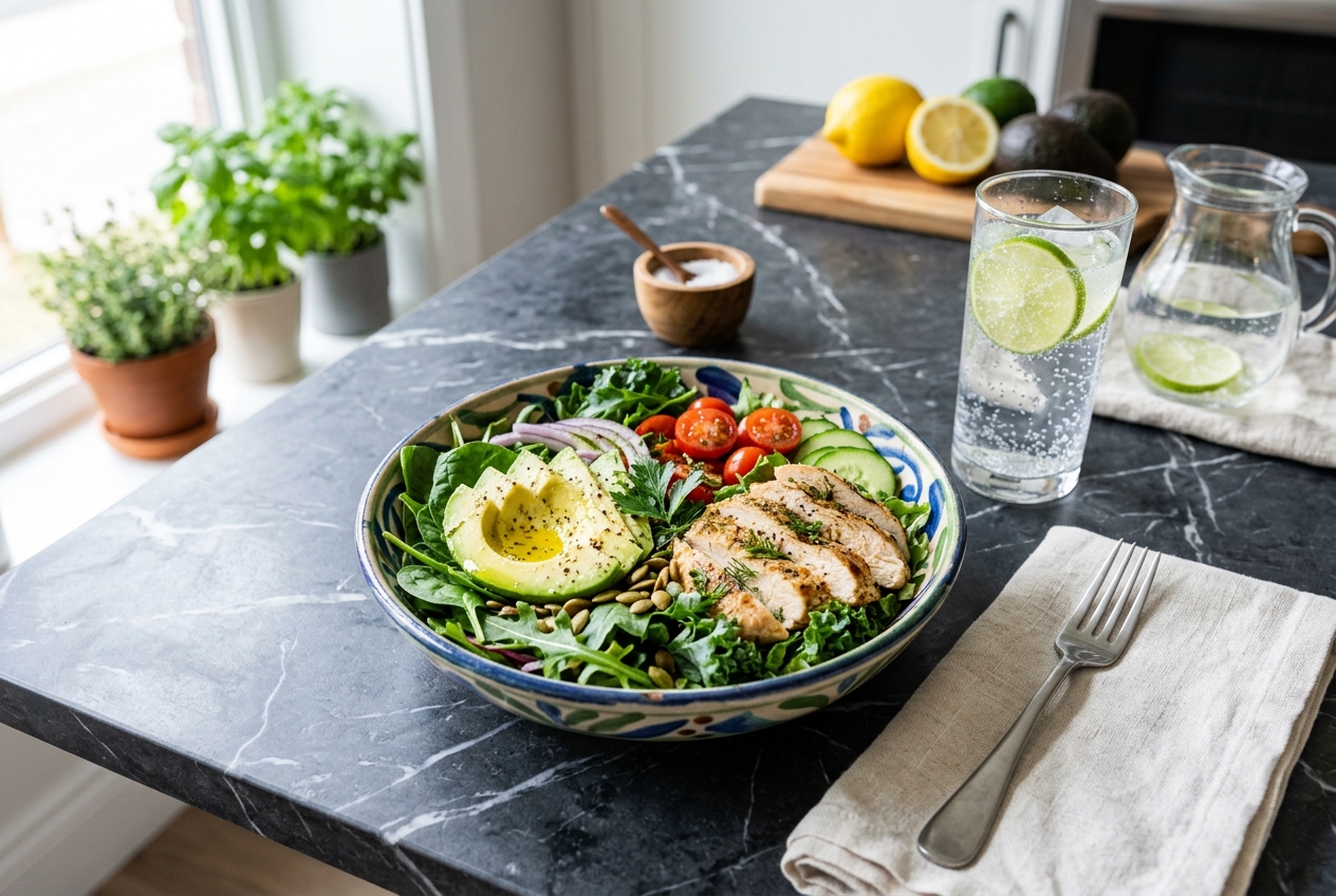 A colorful salad bowl with mixed greens, avocado, and grilled chicken resting on a dark marble counter.