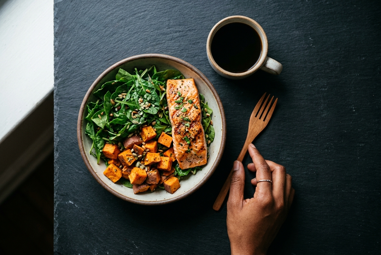 Decoding Your Body: Real Signs of Glucose Spikes and How to Maintain Stable Energy Overhead view of a balanced bowl of greens, sweet potatoes, and salmon on a slate counter.