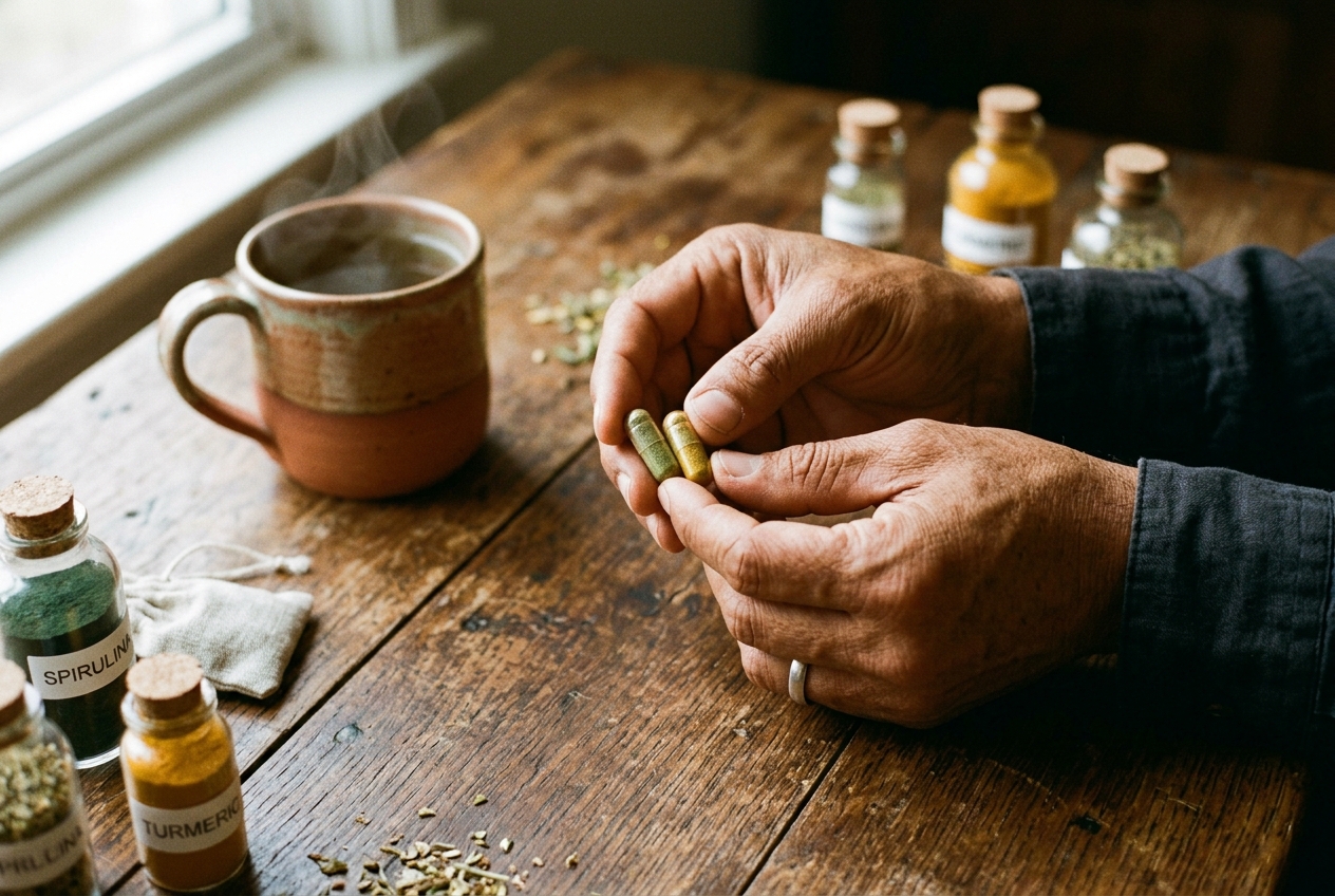 Loquat Leaf vs. Berberine and Mulberry Leaf for Blood Sugar Control: What Actually Works? Hands holding two natural botanical supplement capsules over a wooden table.