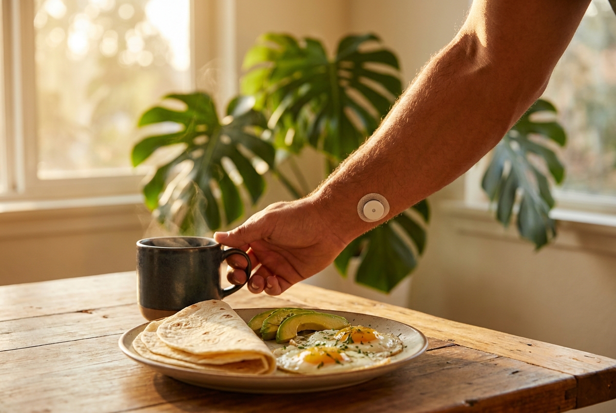 Stable Energy and Glucose Regulation: Understanding Flat CGM Graphs After Meals A breakfast plate with eggs and tortillas next to a wrist wearing a continuous glucose monitor patch.