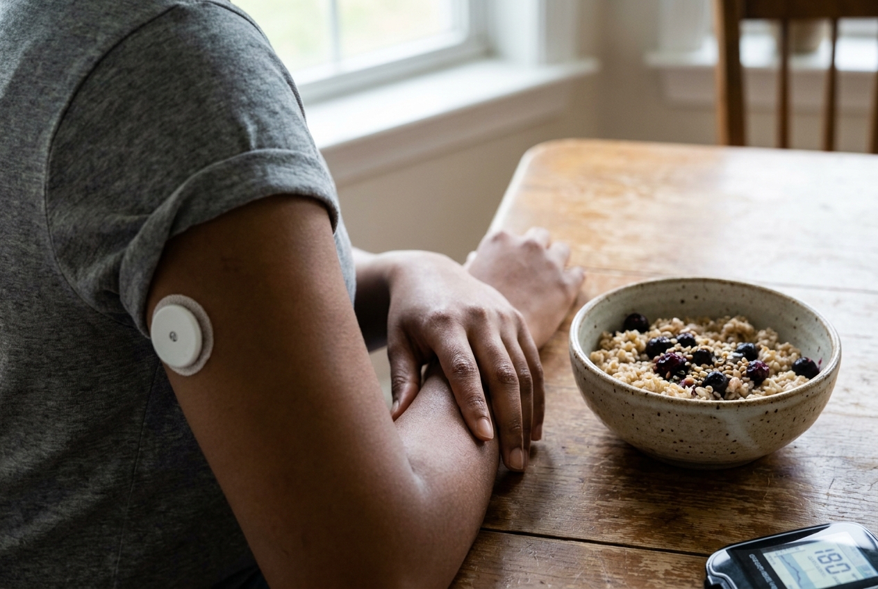 Close-up of a woman's arm with a continuous glucose monitor resting near a bowl of oatmeal.