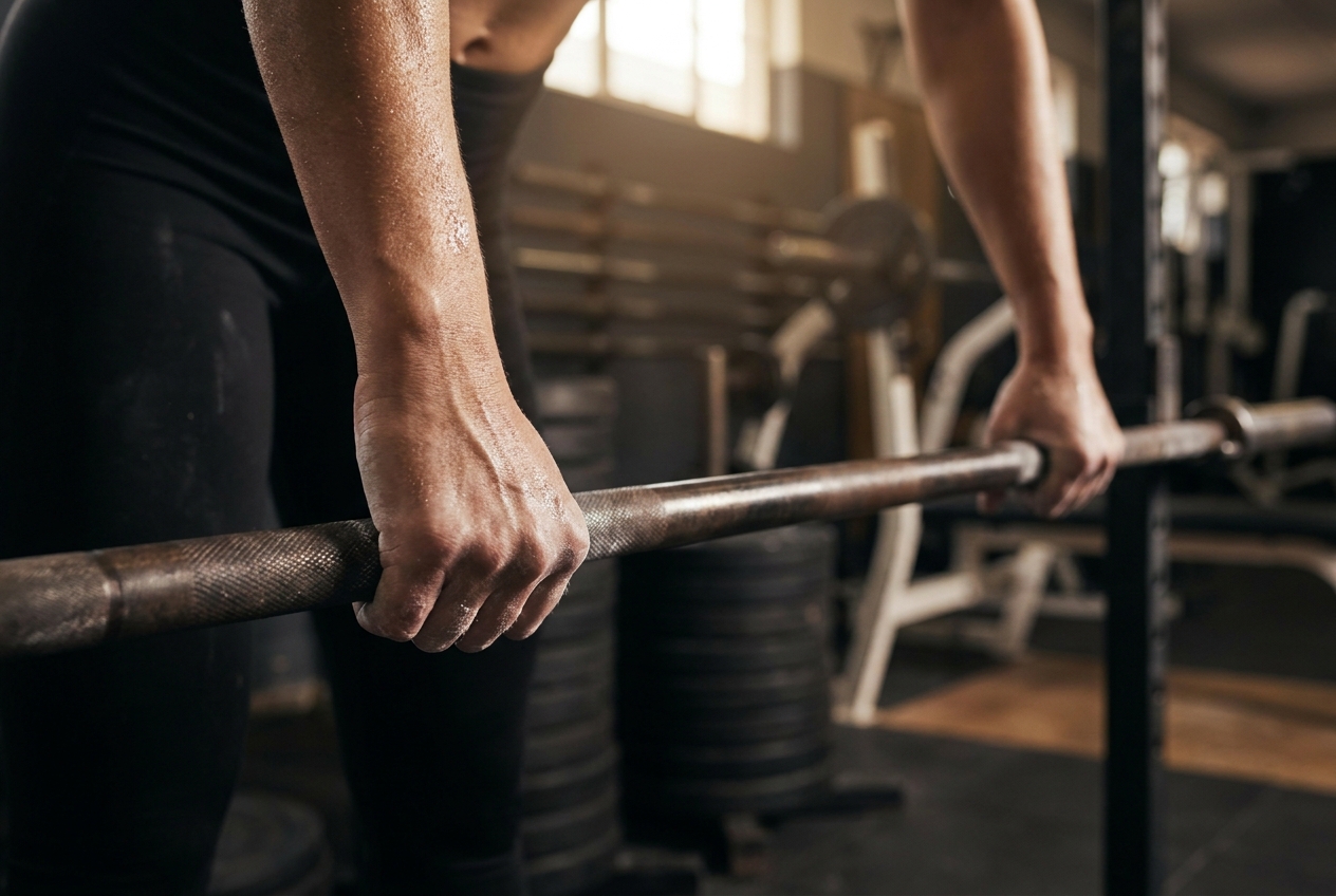 Stable Energy and Glucose Regulation: Understanding Flat CGM Graphs After Meals Chalk-covered hands tightly gripping a textured steel barbell in a gym setting.