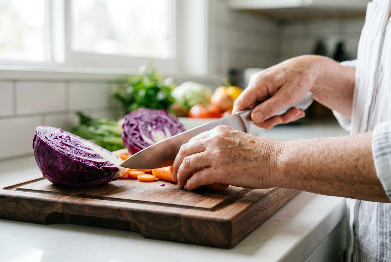 Hands of an older woman slicing purple cabbage and carrots on a wooden cutting board.