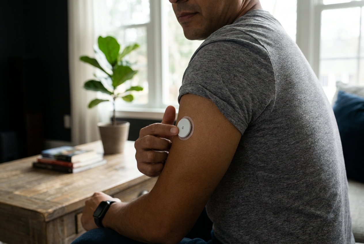 A man wearing a small white continuous glucose monitor sensor correctly placed on the back of his upper arm.