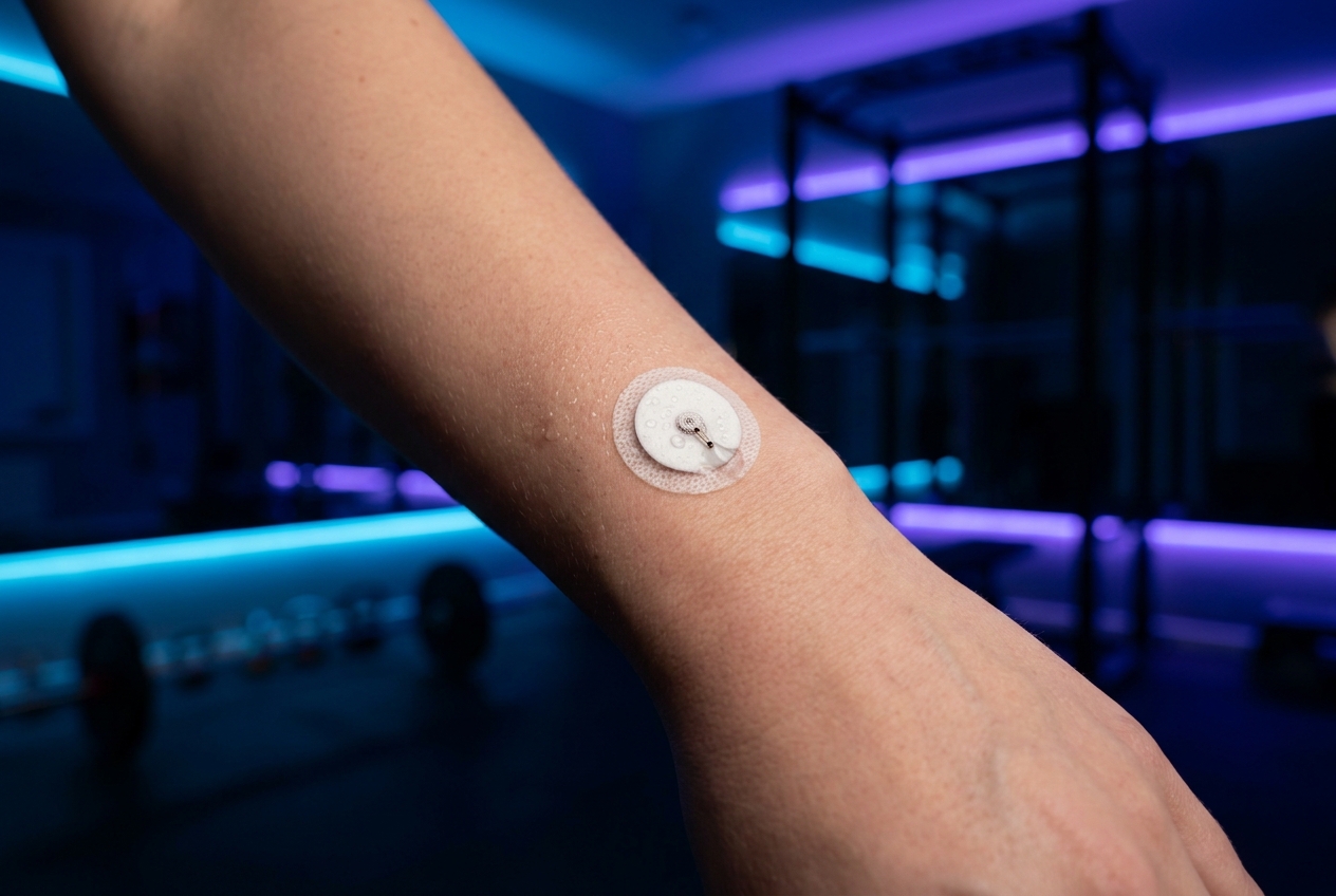 Close-up of a white continuous glucose monitor patch attached to a person's upper arm.