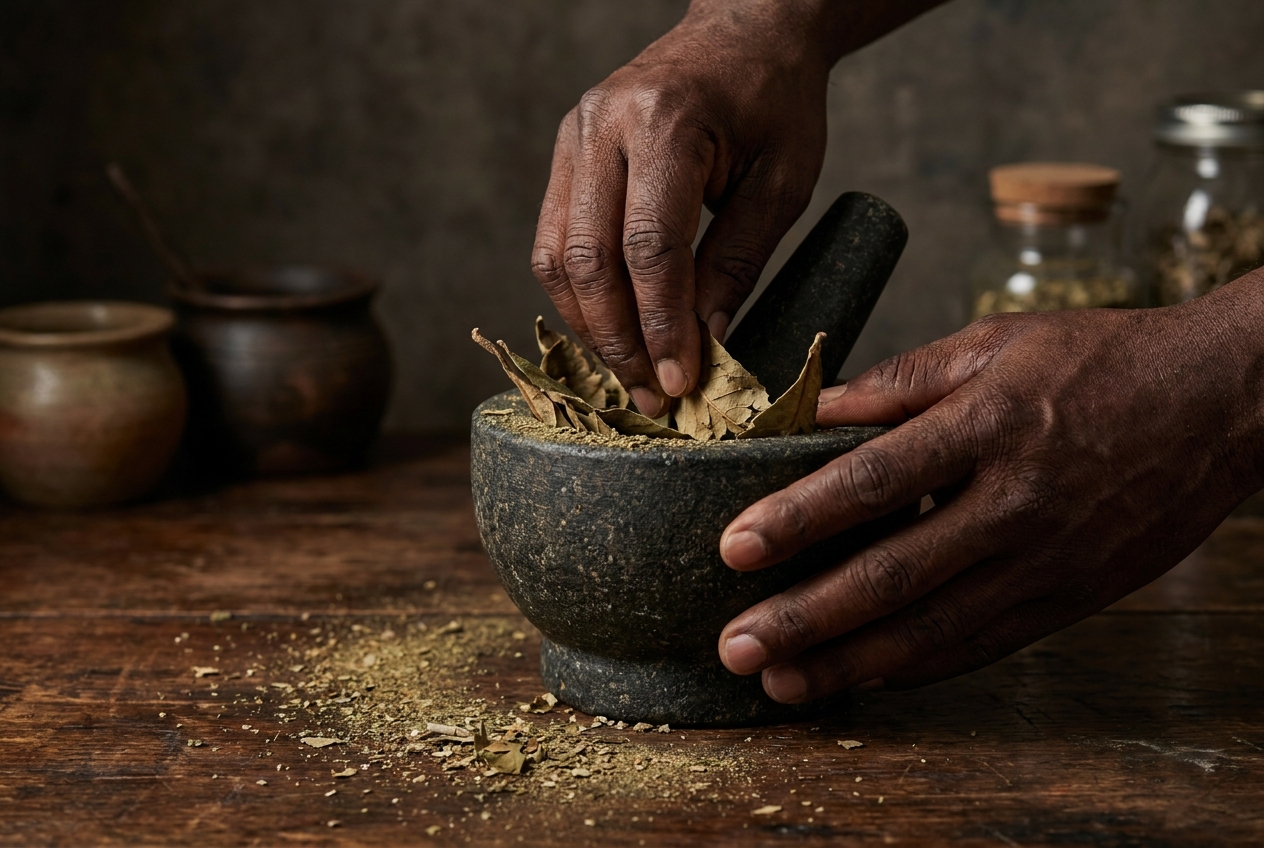 Close-up of a person's hands crushing dried loquat leaves in a stone mortar on a moody rustic table.