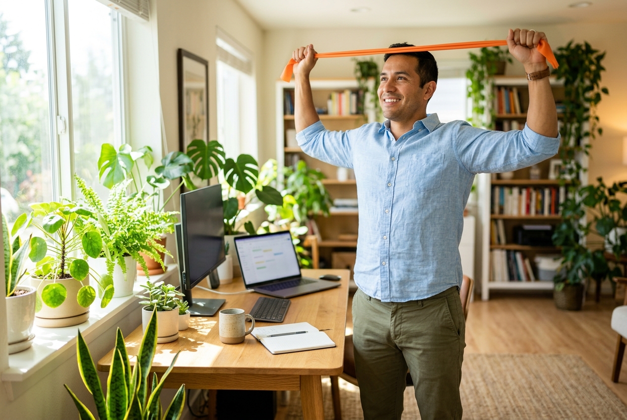 A man stretching with a resistance band next to his home office desk.