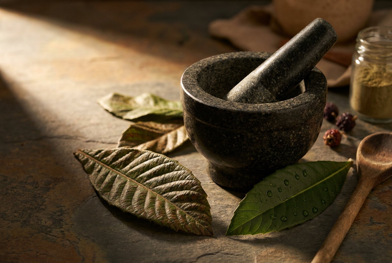Dried loquat leaves and a mortar and pestle on a slate kitchen counter.