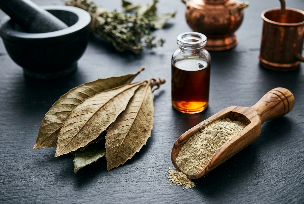 Can Botanicals Actually Help With Sugar Cravings? Dried loquat leaves, a wooden scoop of herbal powder, and a glass vial of amber liquid on a dark slate surface.