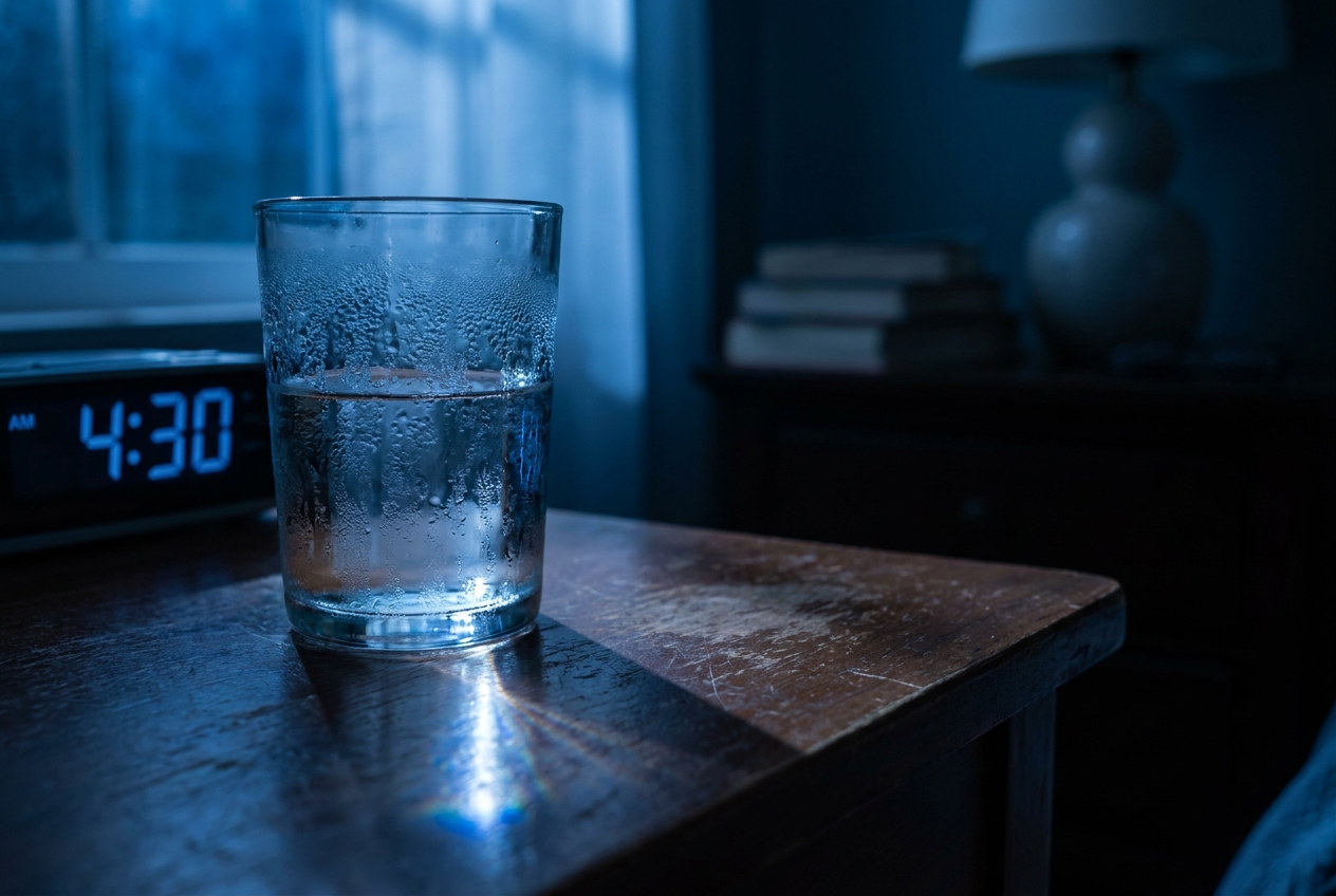 An alarm clock reading 4:30 AM next to a glass of water on a wooden nightstand illuminated by early morning light.