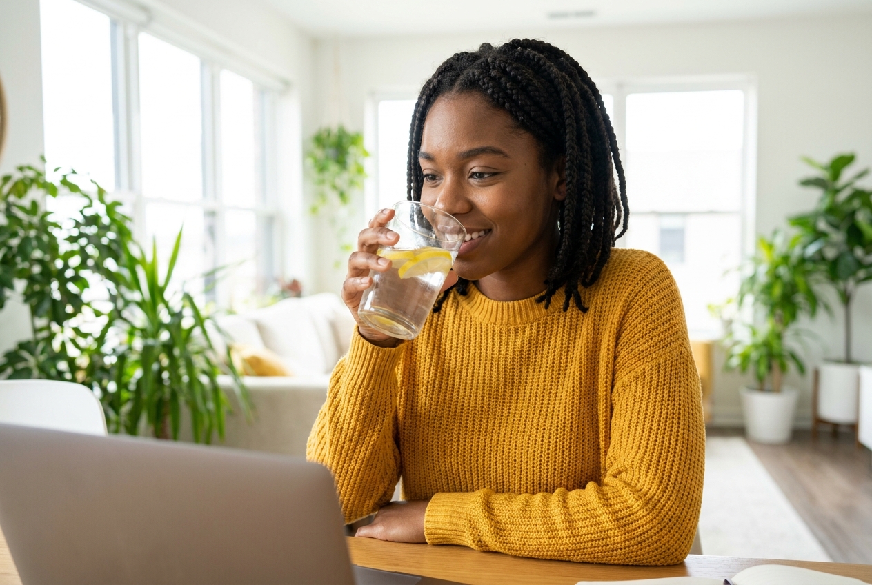 Woman with natural braids smiling and drinking a glass of water.