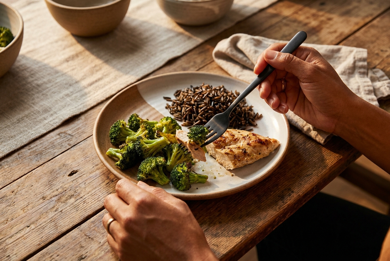 A fork lifting roasted broccoli and chicken from a plate, leaving the rice portion untouched.