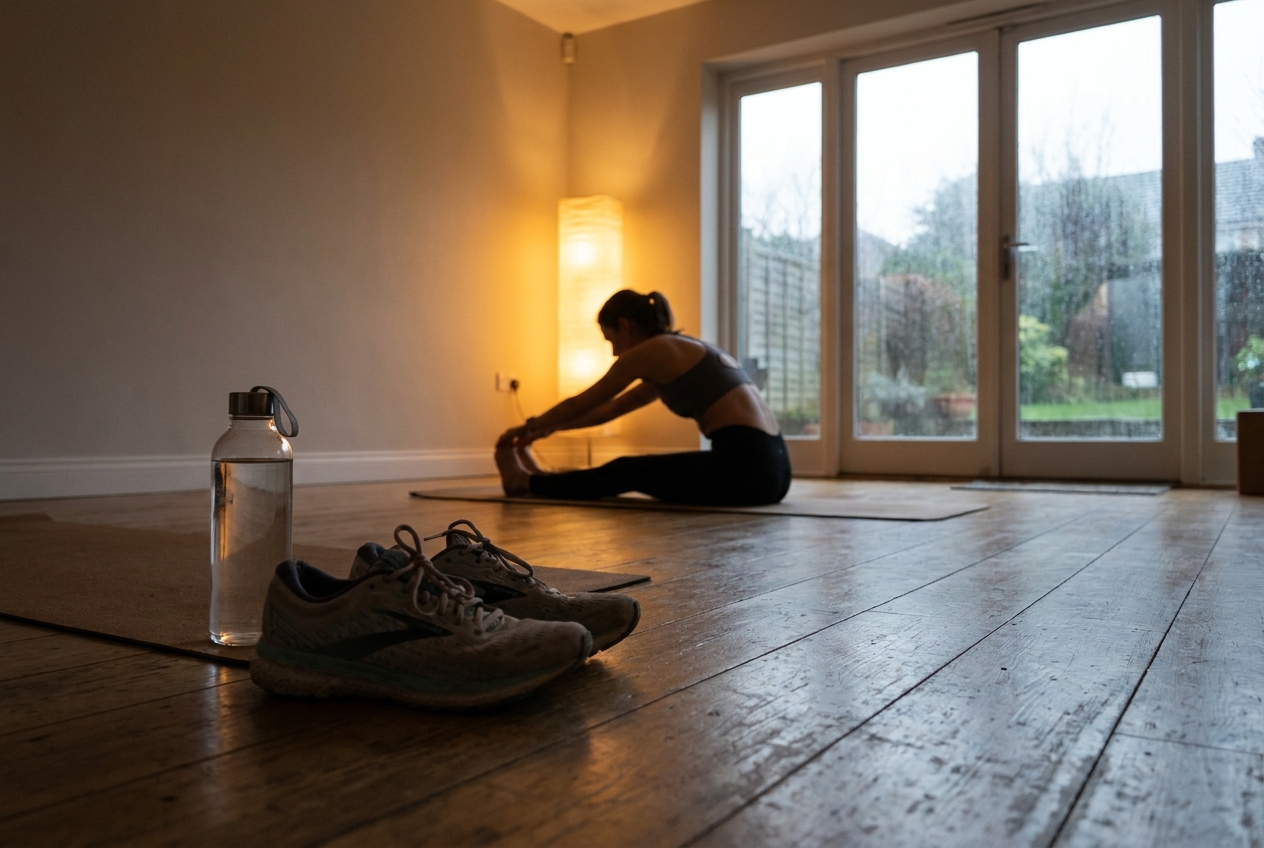 Silhouette of a person stretching on a yoga mat in a warmly lit home gym next to running shoes.