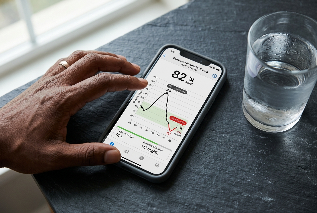 A person's hand touching a smartphone screen displaying a fluctuating glucose chart.