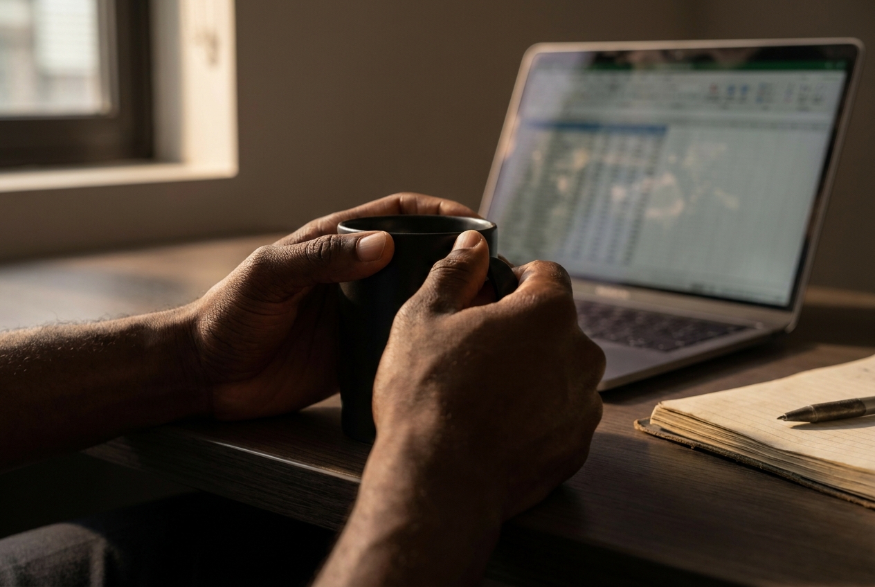 Can Botanicals Actually Help With Sugar Cravings? Close up of a person's tense hands gripping a black coffee mug next to a laptop.