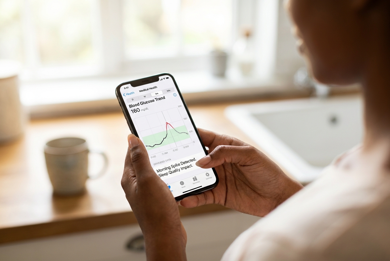 Close-up of hands holding a smartphone displaying a realistic continuous glucose monitor data graph.