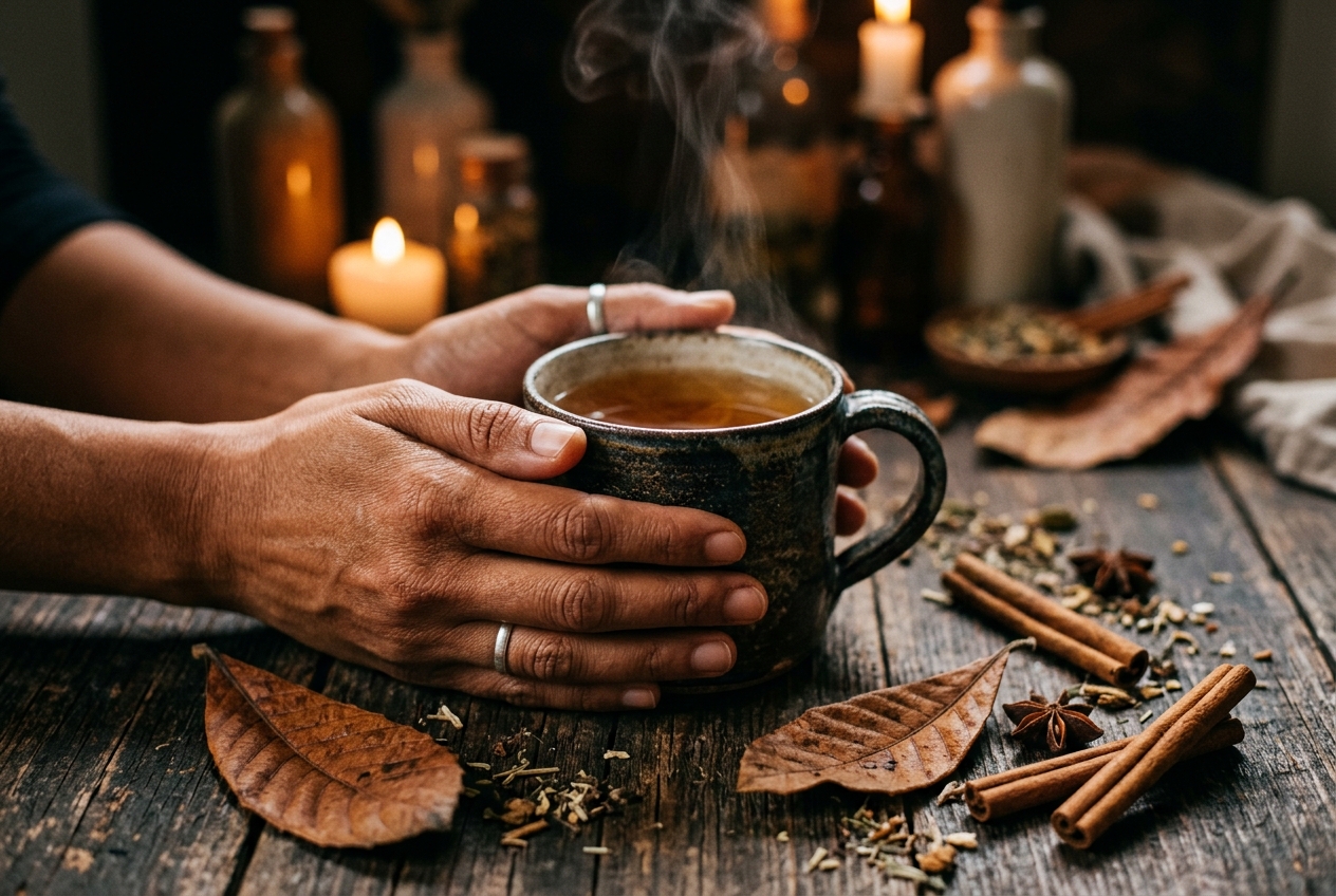 How Blood Sugar Shapes Your Immune System: The Glucose-Immunity Connection Close-up of hands holding a warm ceramic mug of herbal tea with dried loquat leaves on a wooden table.