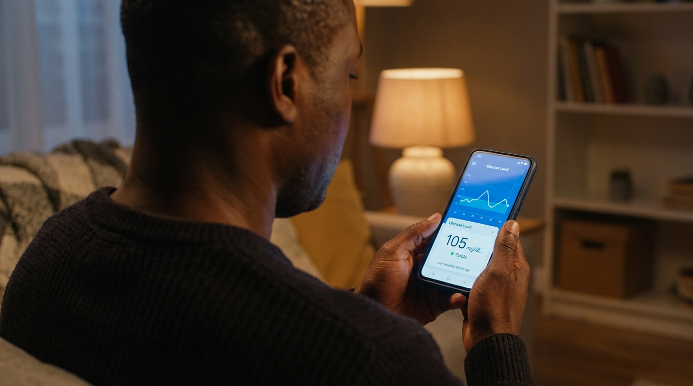 Close up of hands holding a smartphone displaying a realistic glucose tracking line graph.