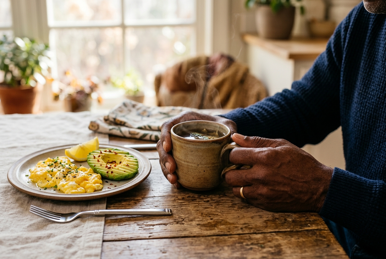 Close-up of an African American man's hands holding a mug of tea next to a healthy breakfast.