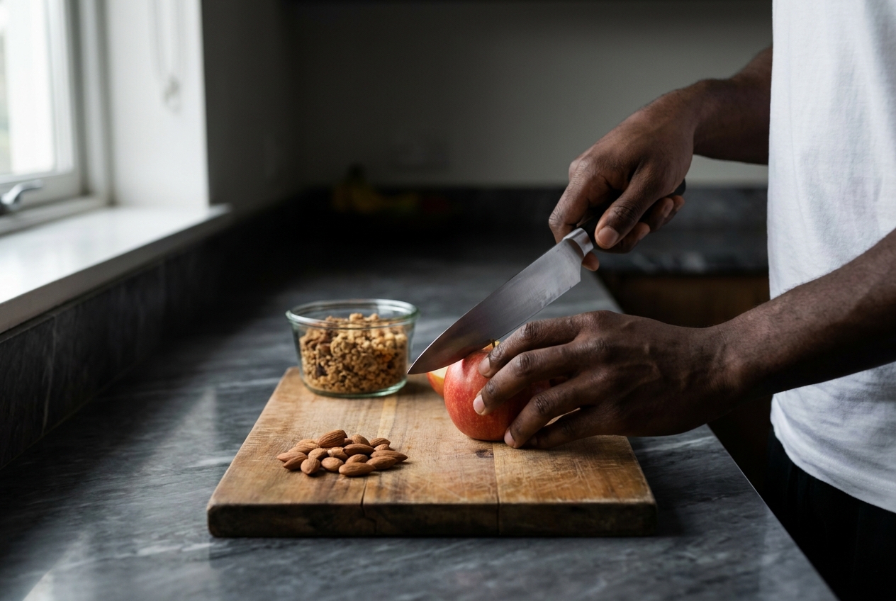 Stable Energy and Glucose Regulation: Making Sense of Post Meal Spikes Hands slicing a crisp red apple next to a pile of raw almonds on a wooden cutting board.