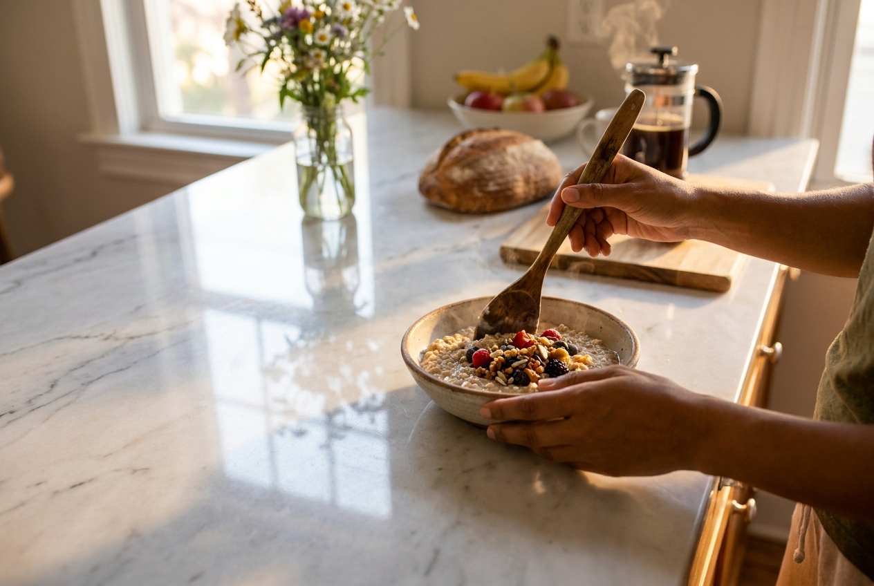Are Quick Glucose Spikes Normal? Hands stirring a steaming bowl of steel-cut oatmeal on a marble kitchen counter.