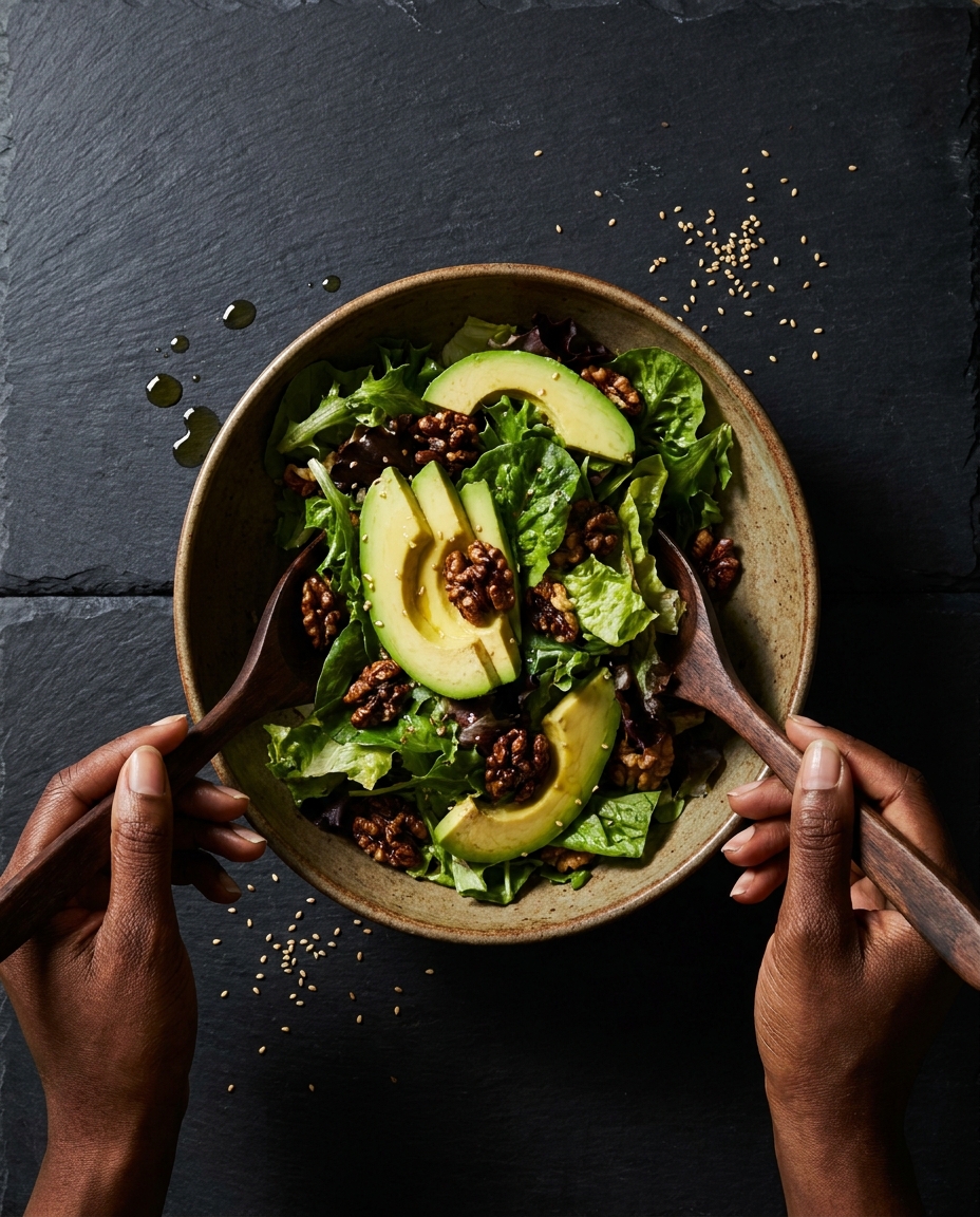Overhead view of hands tossing a fresh avocado and green salad in a ceramic bowl.