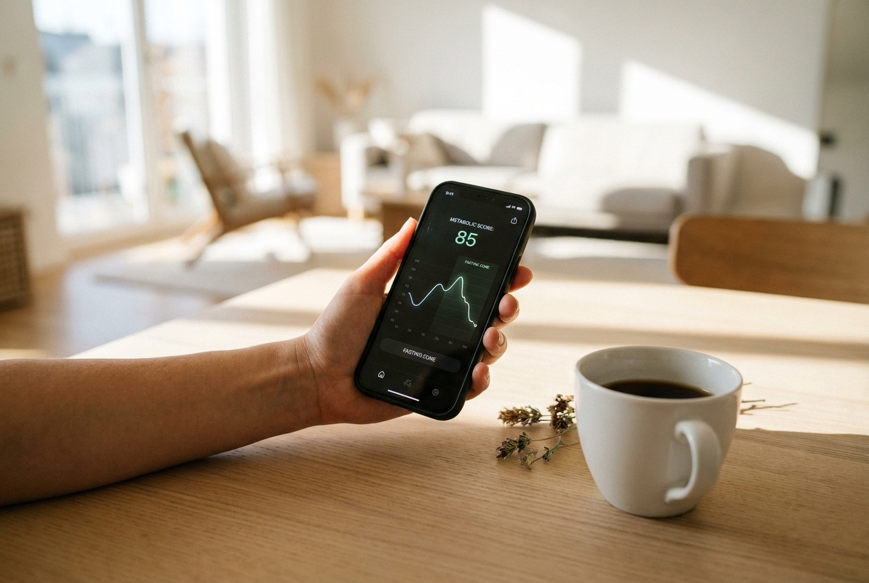 Decoding Your Body: Real Signs of Glucose Spikes and How to Maintain Stable Energy Close up of a hand holding a smartphone showing a health tracking graph.