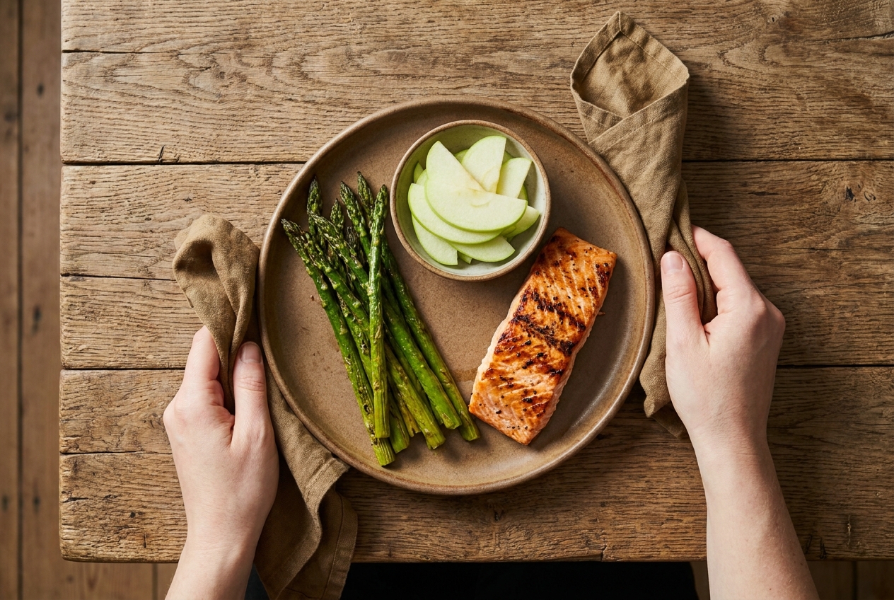 A plate containing grilled salmon, asparagus, and sliced apples to demonstrate healthy food pairing.