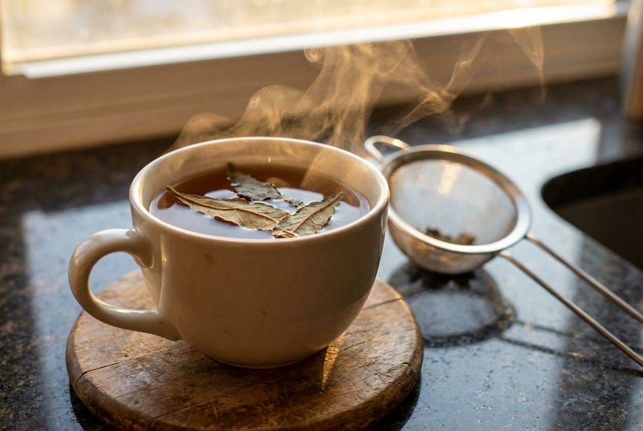Steaming mug of herbal tea with loose botanical leaves on a granite counter