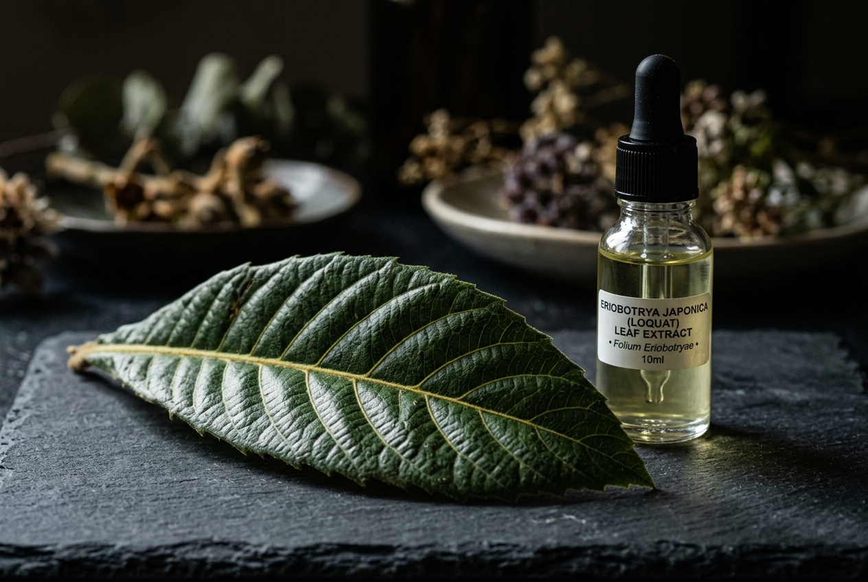 Macro photography of a textured green loquat leaf next to a glass dropper bottle on a slate surface.