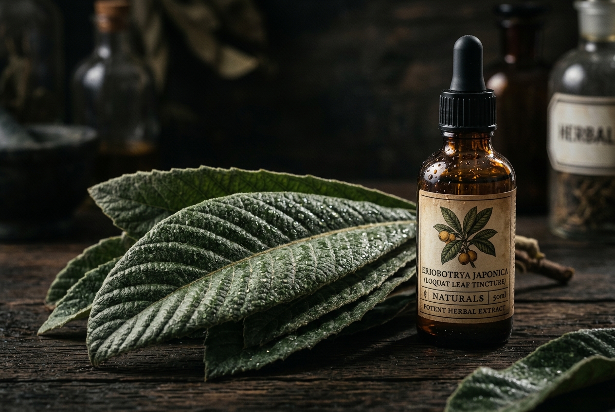 Macro shot of textured green loquat leaves next to an amber glass dropper bottle on a wooden table.
