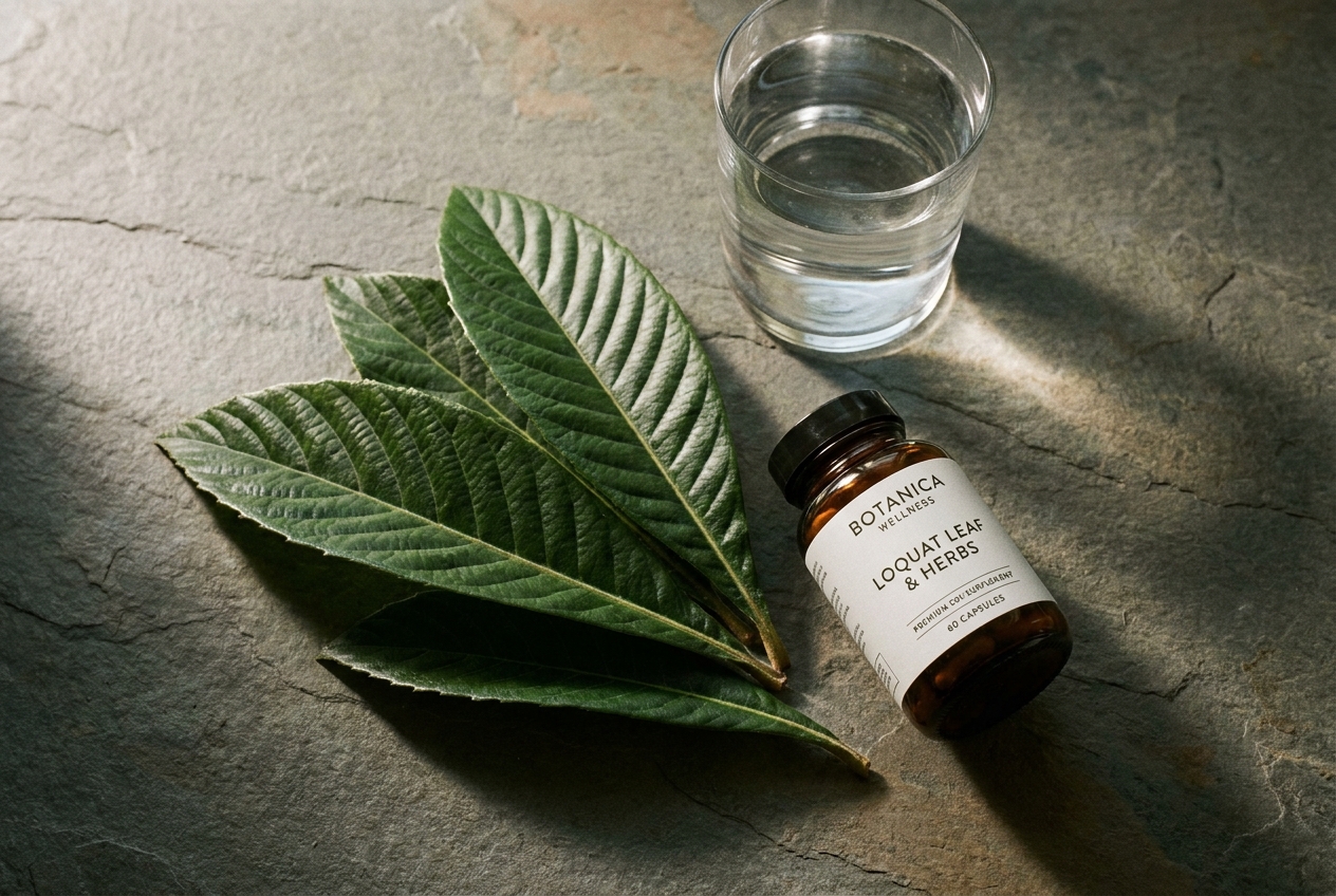 Fresh loquat leaves placed next to a glass of water and an amber glass wellness supplement bottle.