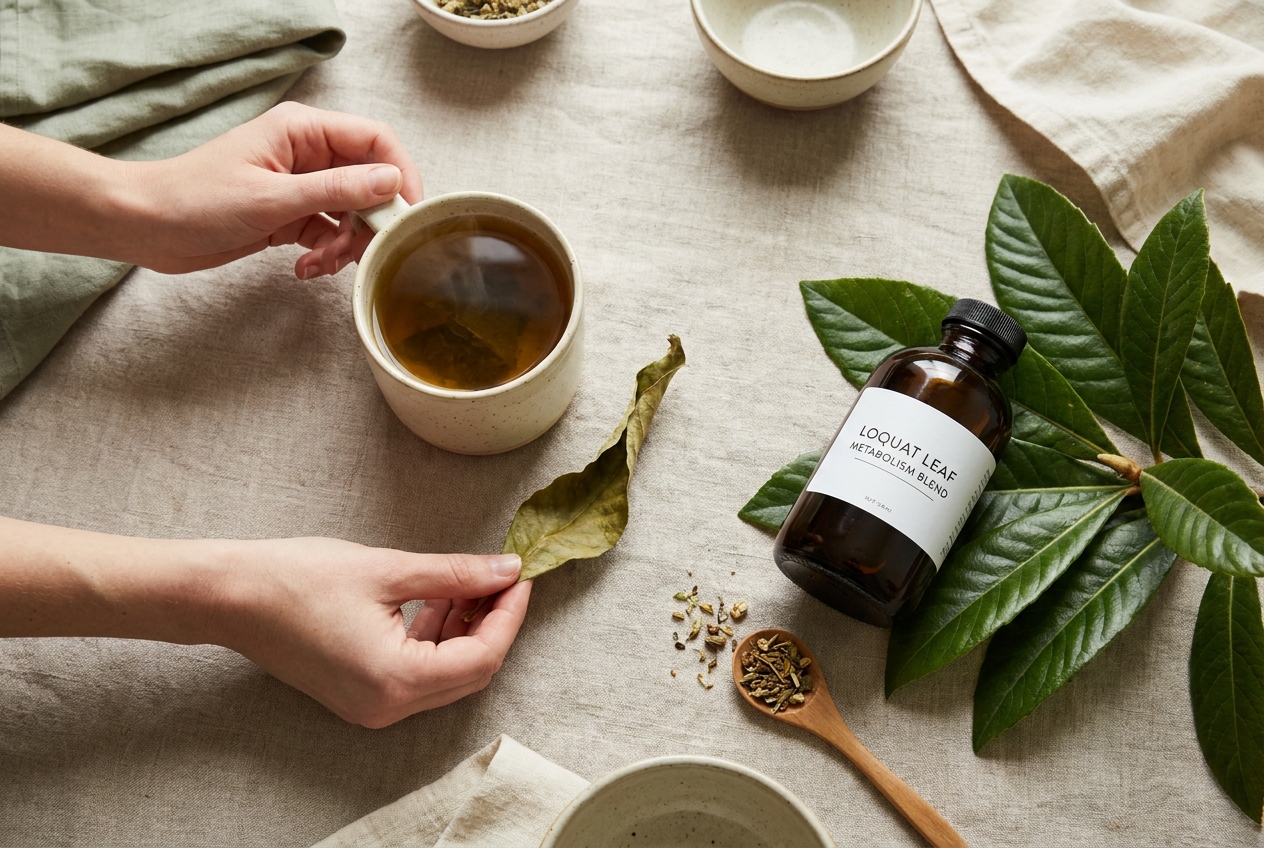 A cup of tea next to an amber supplement bottle and fresh green loquat leaves on a linen table.
