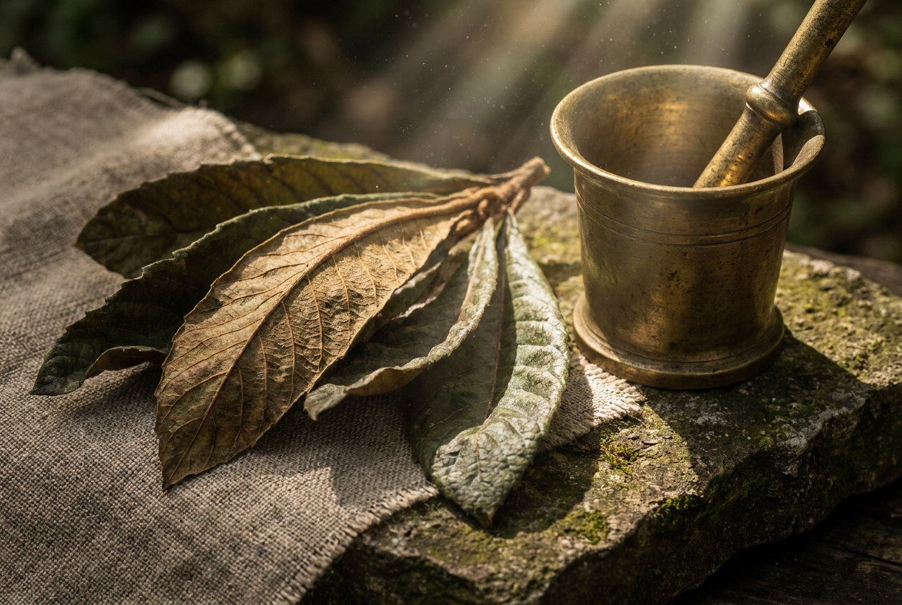 Cultivating Stable Energy: Understanding Glucose Spikes and Metabolic Health Macro view of dried loquat leaves and a brass mortar and pestle on a linen cloth.