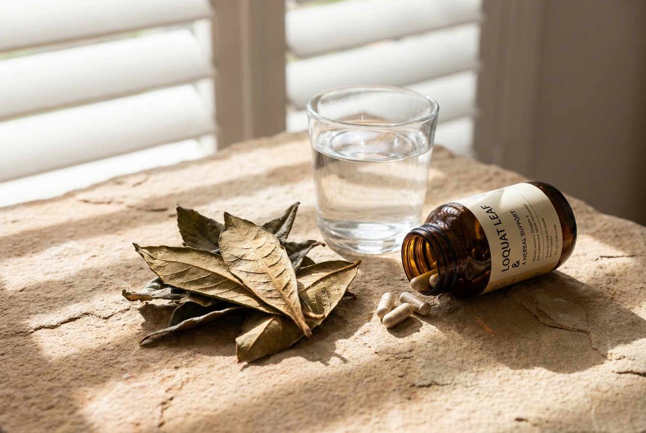 Dried loquat leaves and a glass of water next to an amber supplement bottle.