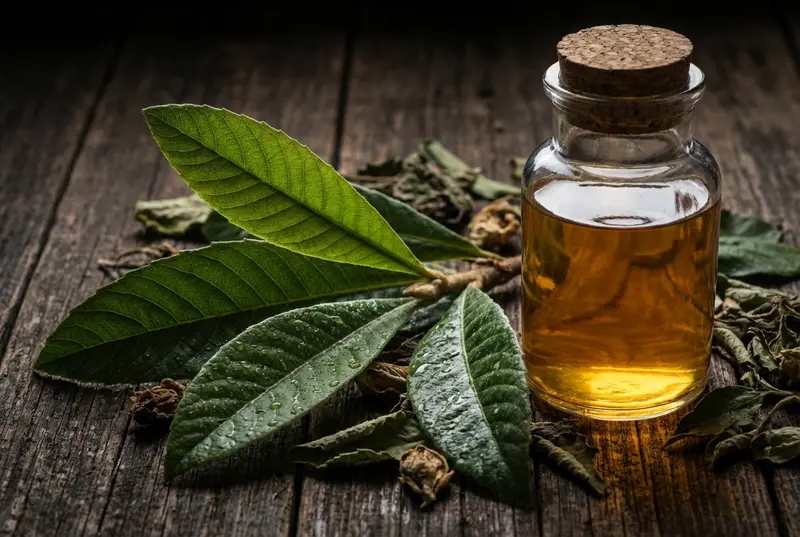 Finding Balance After a Diagnosis: A Guide to Metabolic Health and Resilience Close up detail of fresh loquat leaves next to a glass of herbal tea.