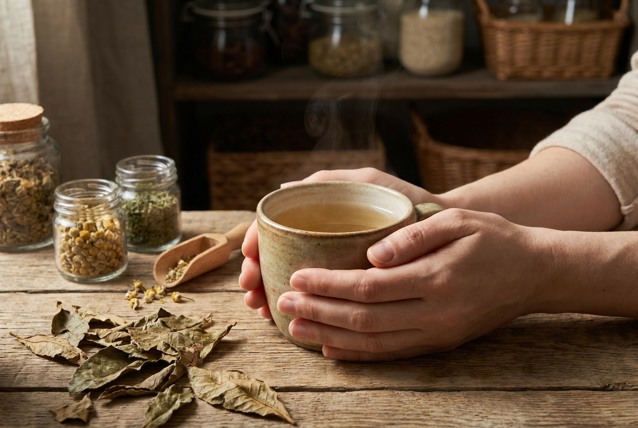 Hands holding a warm mug of tea next to dried loquat leaves on a wooden table.