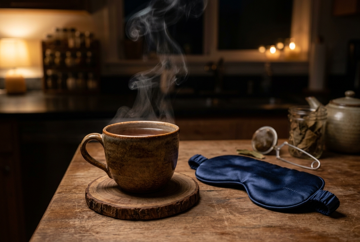 A steaming mug of herbal tea next to a sleep mask on a kitchen counter at night.