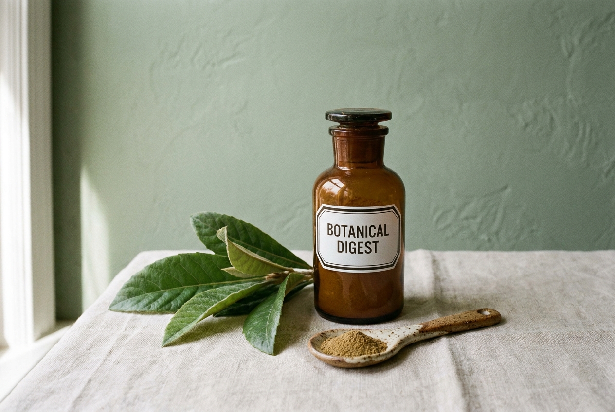 Amber glass bottle with fresh loquat leaves and a ceramic spoon on a linen cloth.