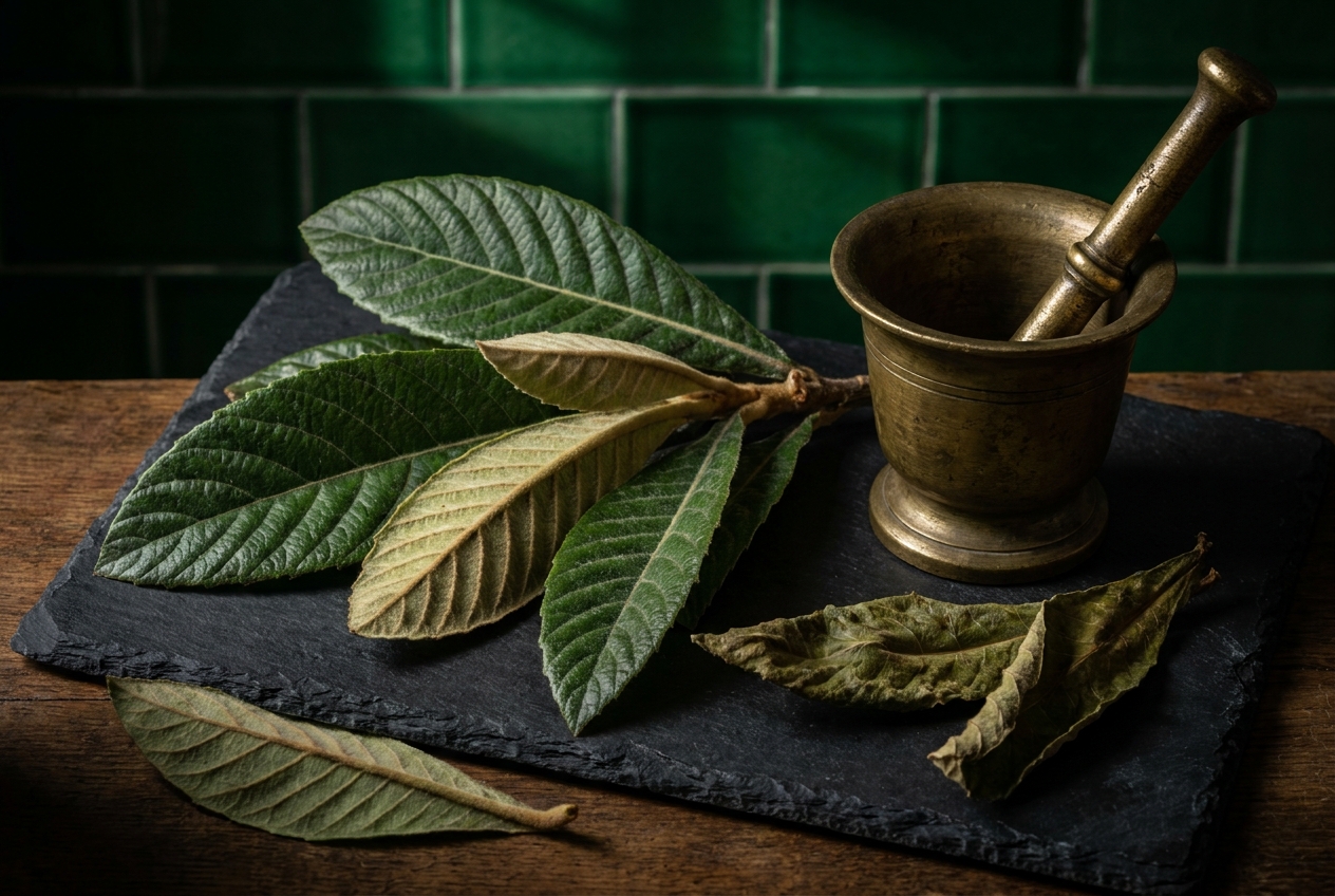 Textured loquat leaves resting on a dark slate board near a brass mortar and pestle.